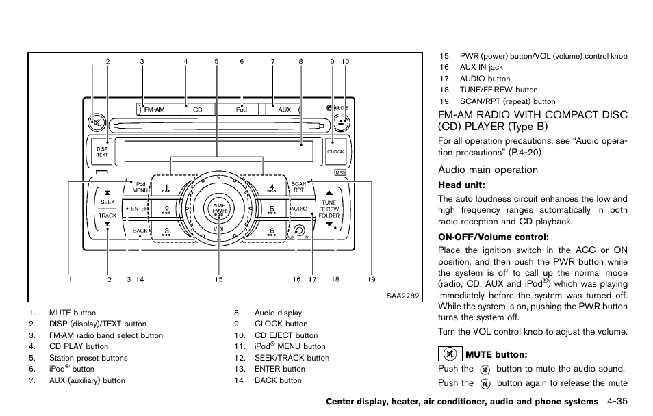 Fm-am radio with compact disc (cd) player (type b), Audio main operation | NISSAN 2012 Cube - Owner's Manual User Manual | Page 175 / 331