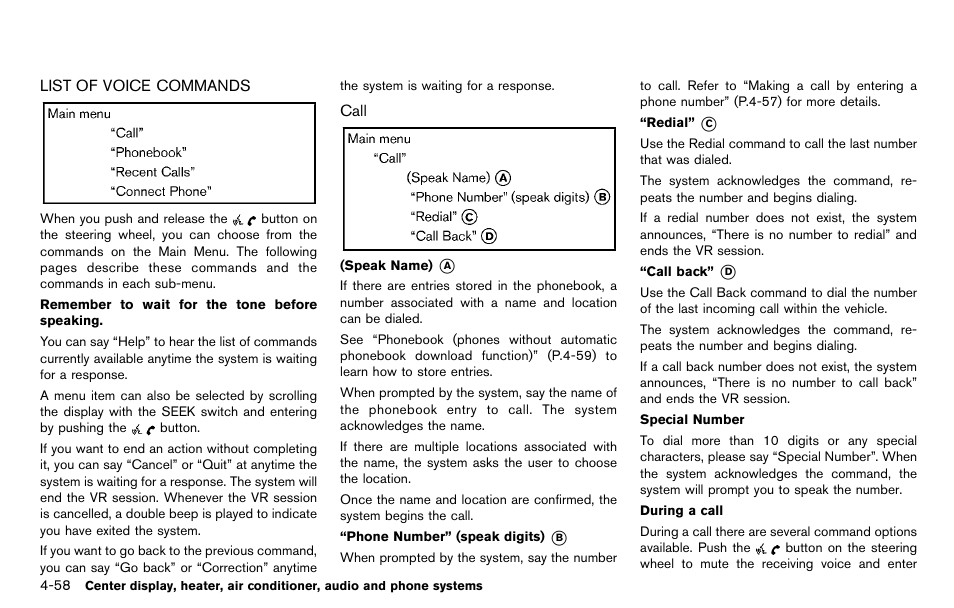 List of voice commands -58 | NISSAN 2012 Cube - Owner's Manual User Manual | Page 198 / 331
