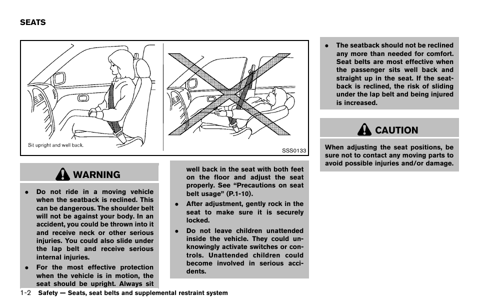 Seats -2, Warning, Caution | NISSAN 2012 Cube - Owner's Manual User Manual | Page 20 / 331