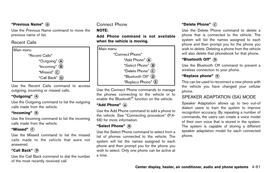 Speaker adaptation (sa) mode -61 | NISSAN 2012 Cube - Owner's Manual User Manual | Page 201 / 331