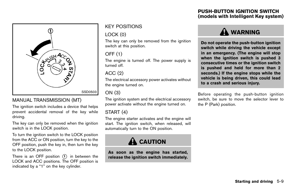 Manual transmission (mt) -9 key positions -9, Caution, Warning | NISSAN 2012 Cube - Owner's Manual User Manual | Page 213 / 331