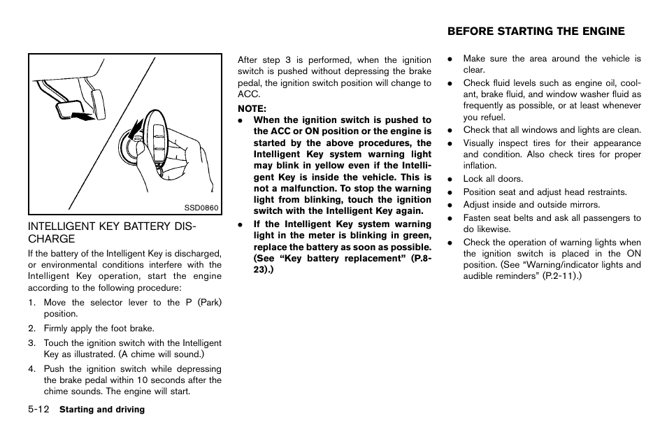 Intelligent key battery discharge -12, Before starting the engine -12 | NISSAN 2012 Cube - Owner's Manual User Manual | Page 216 / 331