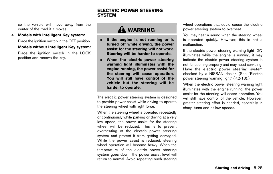 Electric power steering system -25, Warning | NISSAN 2012 Cube - Owner's Manual User Manual | Page 229 / 331