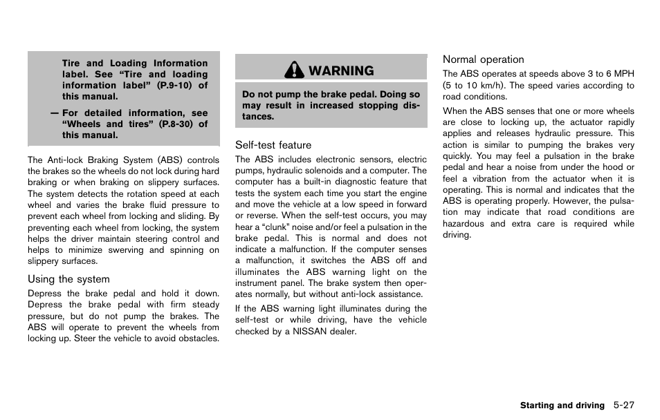 Warning | NISSAN 2012 Cube - Owner's Manual User Manual | Page 231 / 331