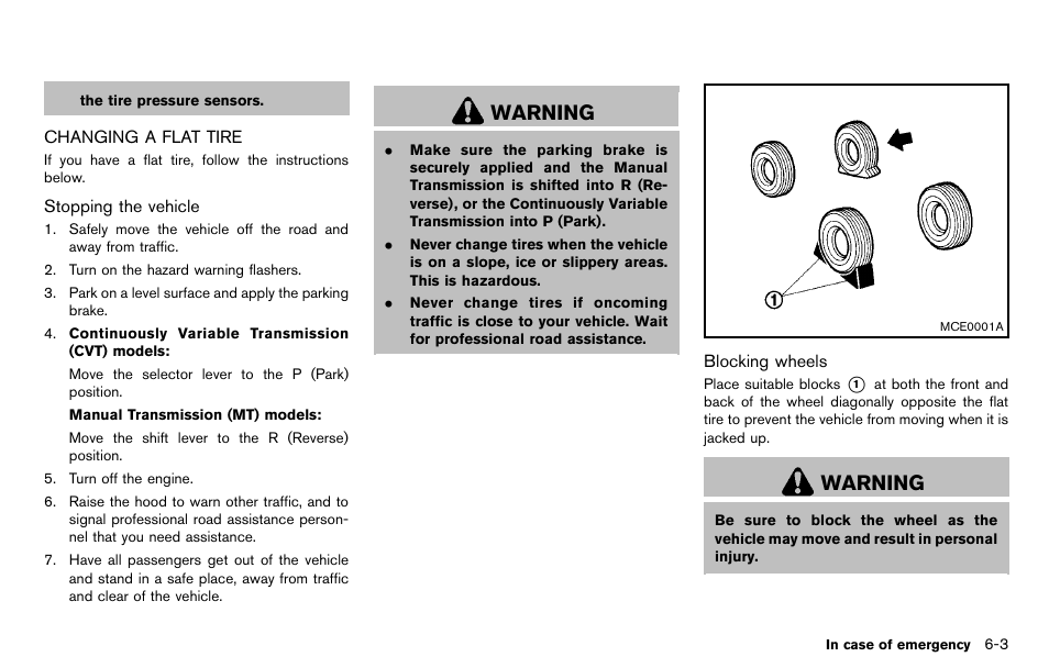 Changing a flat tire -3, Warning | NISSAN 2012 Cube - Owner's Manual User Manual | Page 239 / 331