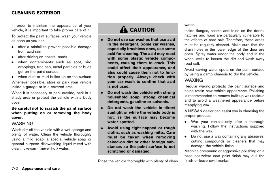 Cleaning exterior -2, Washing -2 waxing -2, Caution | NISSAN 2012 Cube - Owner's Manual User Manual | Page 256 / 331