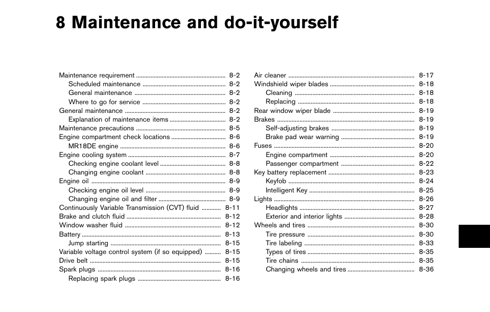 Maintenance and do-it-yourself, 8 maintenance and do-it-yourself | NISSAN 2012 Cube - Owner's Manual User Manual | Page 263 / 331