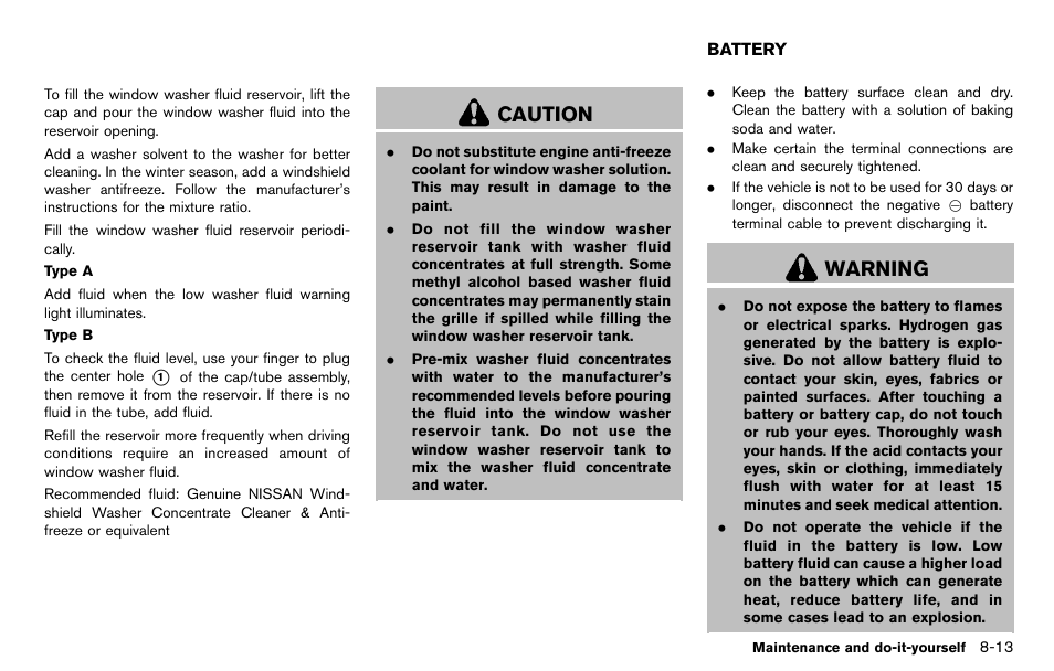 Battery -13, Caution, Warning | NISSAN 2012 Cube - Owner's Manual User Manual | Page 275 / 331