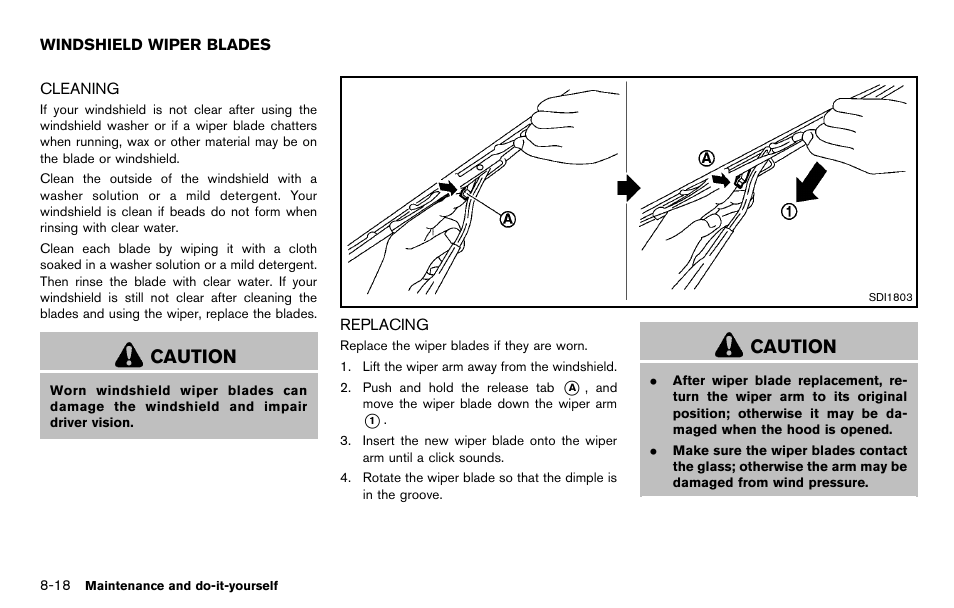 Windshield wiper blades -18, Cleaning -18 replacing -18, Caution | NISSAN 2012 Cube - Owner's Manual User Manual | Page 280 / 331