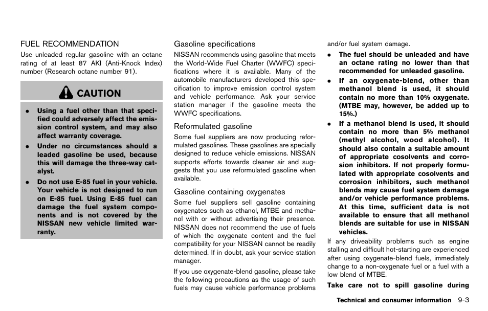 Fuel recommendation -3, Caution | NISSAN 2012 Cube - Owner's Manual User Manual | Page 305 / 331