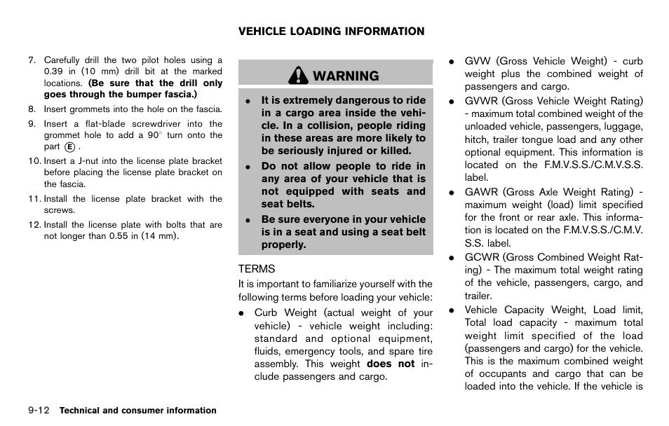 Vehicle loading information -12, Terms -12, Warning | NISSAN 2012 Cube - Owner's Manual User Manual | Page 314 / 331