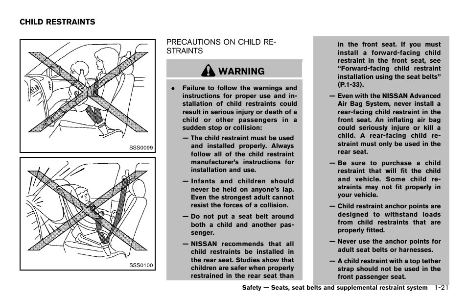 Child restraints -21, Precautions on child restraints -21, Warning | NISSAN 2012 Cube - Owner's Manual User Manual | Page 39 / 331