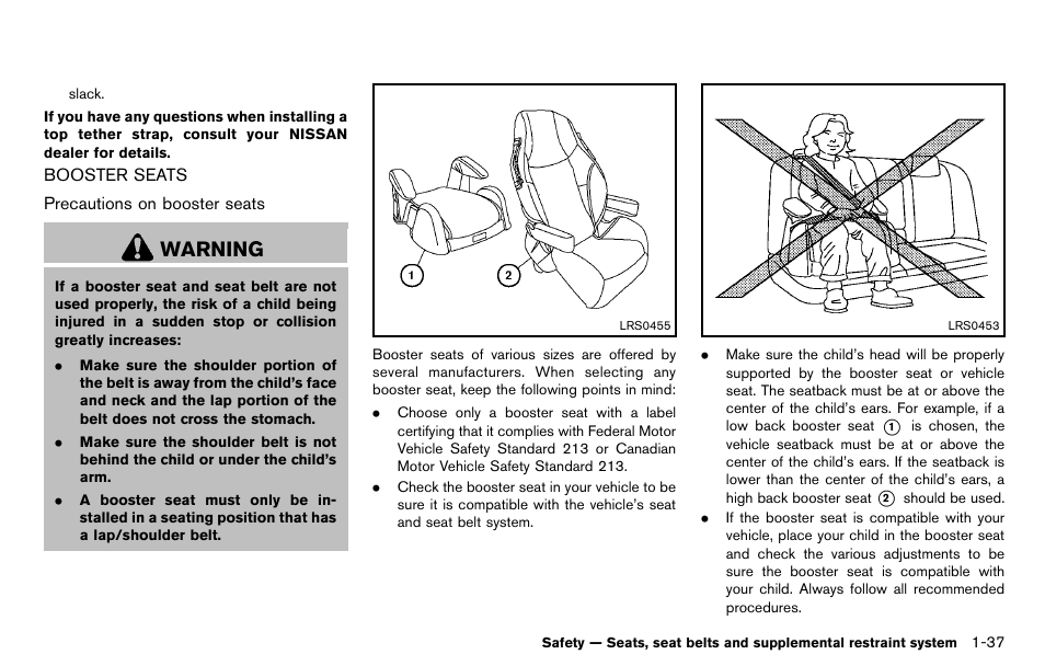 Booster seats -37, Warning | NISSAN 2012 Cube - Owner's Manual User Manual | Page 55 / 331