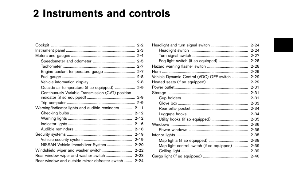 Instruments and controls, 2 instruments and controls | NISSAN 2012 Cube - Owner's Manual User Manual | Page 73 / 331