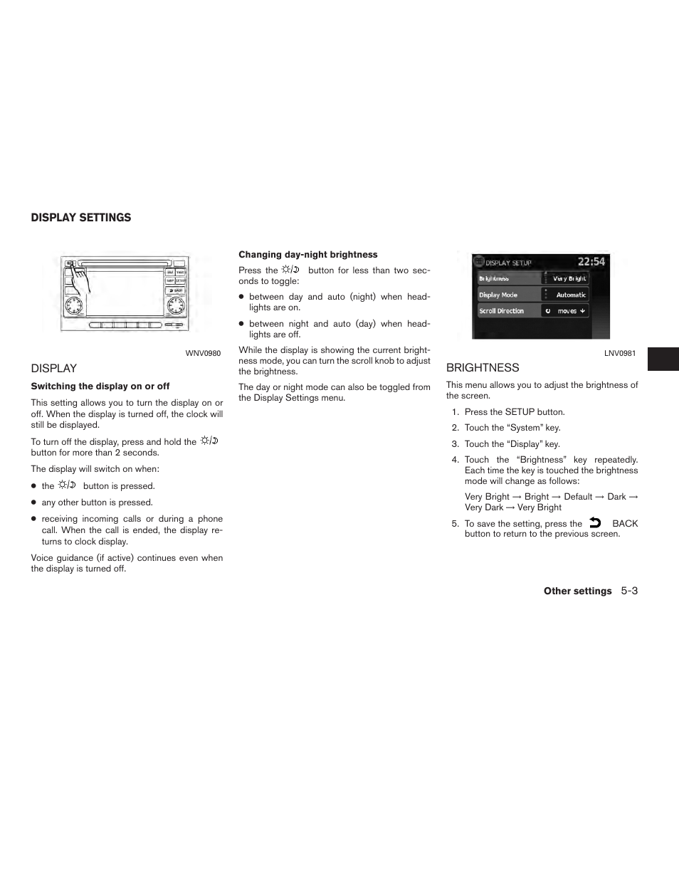 Display settings -3, Display -3 brightness -3 | NISSAN 2012 Versa Sedan - Navigation System Owner's Manual User Manual | Page 62 / 81