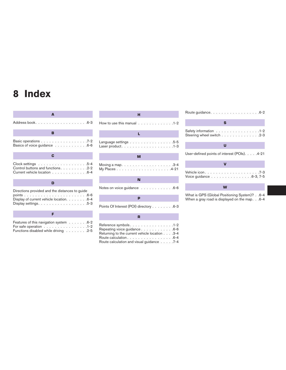 Index, 8 index | NISSAN 2012 Versa Sedan - Navigation System Owner's Manual User Manual | Page 80 / 81