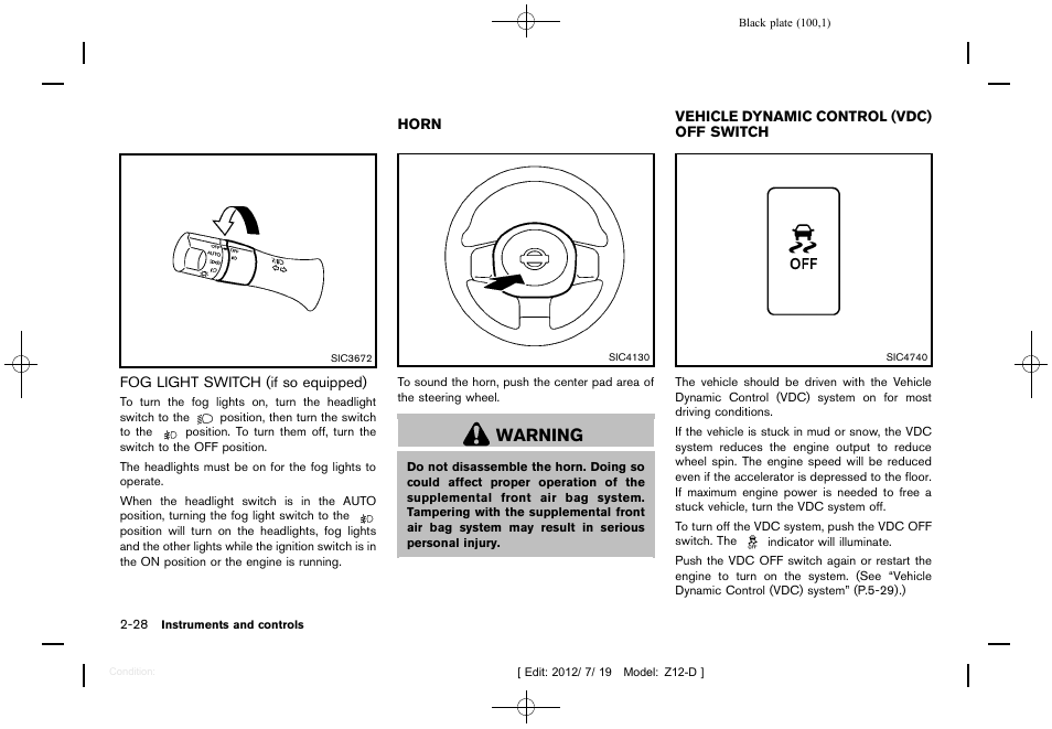 Fog light switch (if so equipped) -28, Warning | NISSAN 2013 Cube - Owner's Manual User Manual | Page 102 / 331