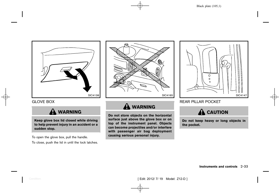 Glove box -33 rear pillar pocket -33, Warning, Caution | NISSAN 2013 Cube - Owner's Manual User Manual | Page 107 / 331