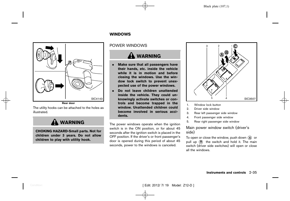 Windows -35, Power windows -35, Warning | NISSAN 2013 Cube - Owner's Manual User Manual | Page 109 / 331