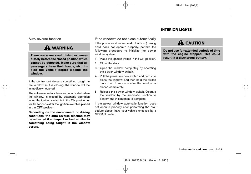 Interior lights -37, Warning, Caution | NISSAN 2013 Cube - Owner's Manual User Manual | Page 111 / 331