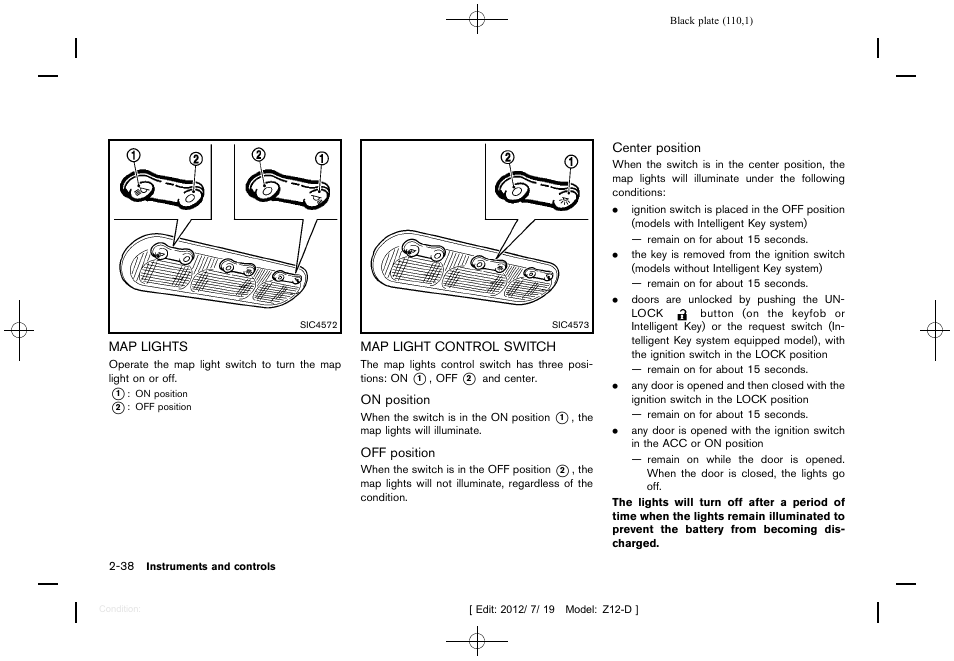 Map lights -38 map light control switch -38 | NISSAN 2013 Cube - Owner's Manual User Manual | Page 112 / 331