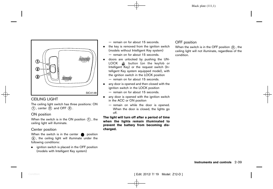 Ceiling light -39 | NISSAN 2013 Cube - Owner's Manual User Manual | Page 113 / 331
