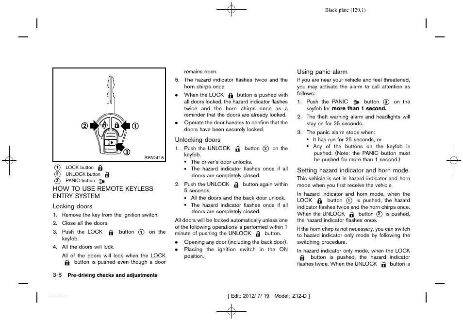 How to use remote keyless entry system -8 | NISSAN 2013 Cube - Owner's Manual User Manual | Page 122 / 331