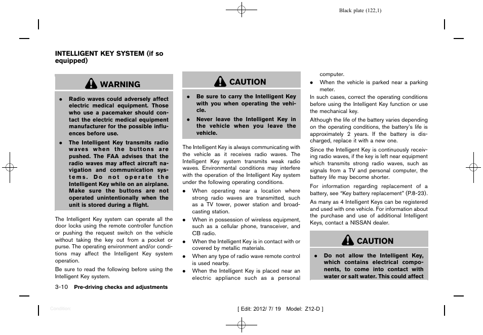 Intelligent key system (if so equipped) -10, Warning, Caution | NISSAN 2013 Cube - Owner's Manual User Manual | Page 124 / 331
