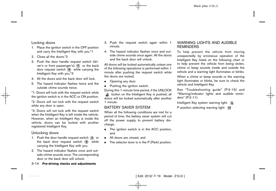 Battery saver system -14, Warning lights and audible reminders -14 | NISSAN 2013 Cube - Owner's Manual User Manual | Page 128 / 331