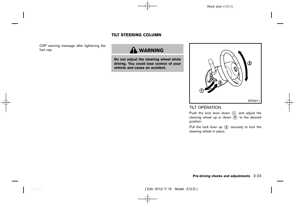 Tilt steering column -23, Tilt operation -23, Warning | NISSAN 2013 Cube - Owner's Manual User Manual | Page 137 / 331