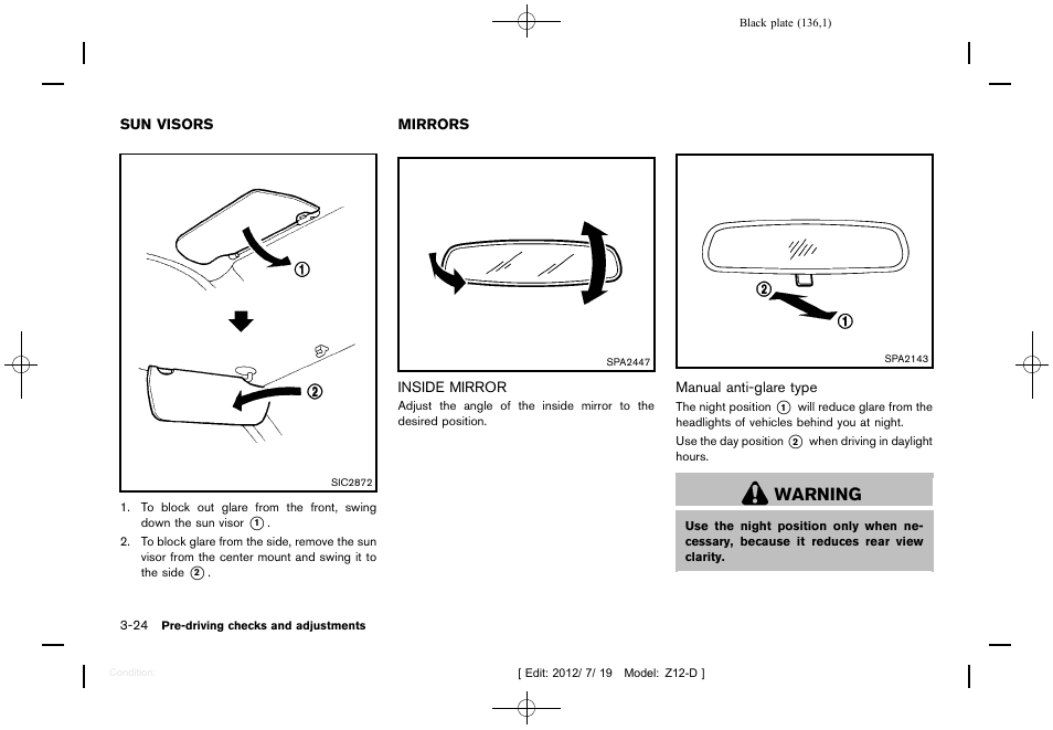 Sun visors -24 mirrors -24, Inside mirror -24, Warning | NISSAN 2013 Cube - Owner's Manual User Manual | Page 138 / 331