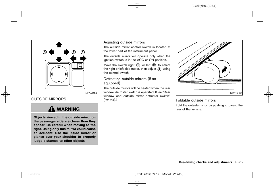 Outside mirrors -25, Warning | NISSAN 2013 Cube - Owner's Manual User Manual | Page 139 / 331