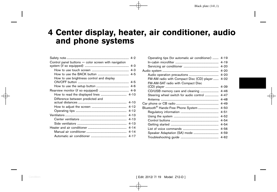 Center display, heater, air conditioner, audio and, Phone systems | NISSAN 2013 Cube - Owner's Manual User Manual | Page 143 / 331