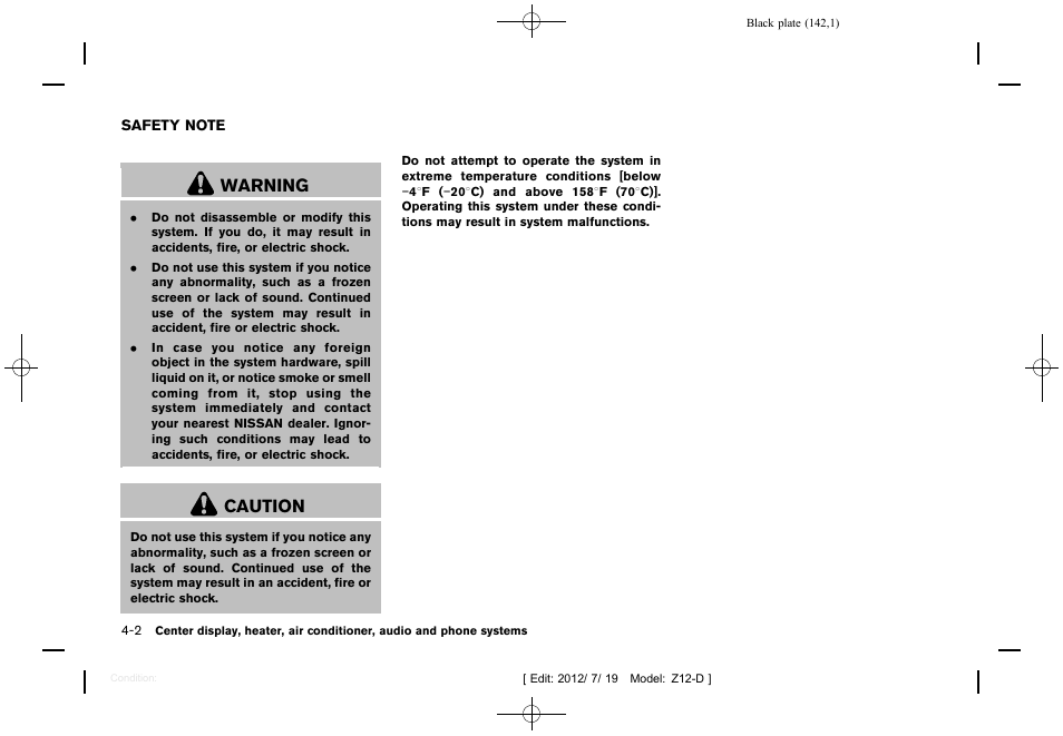 Safety note -2, Warning, Caution | NISSAN 2013 Cube - Owner's Manual User Manual | Page 144 / 331