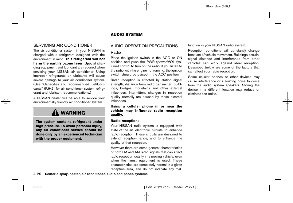 Servicing air conditioner -20, Audio system -20, Audio operation precautions -20 | Warning | NISSAN 2013 Cube - Owner's Manual User Manual | Page 162 / 331