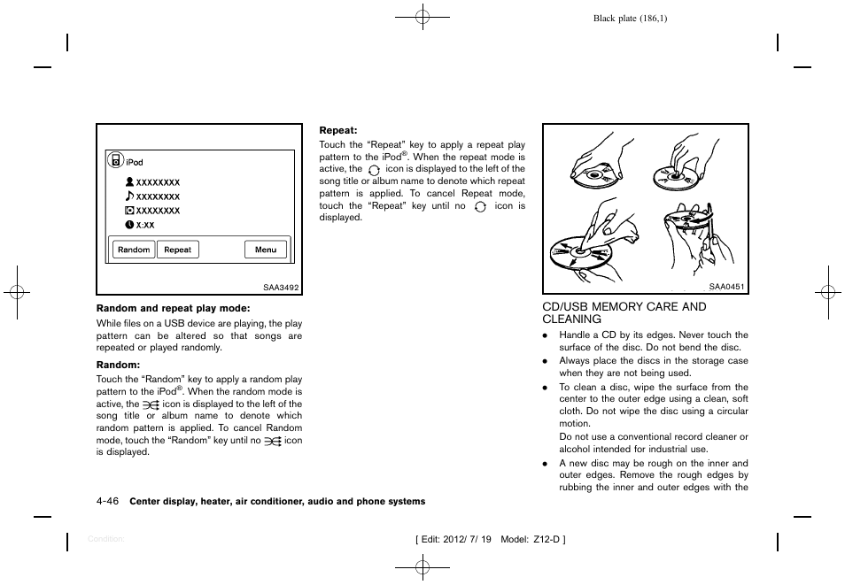 Cd/usb memory care and cleaning -46 | NISSAN 2013 Cube - Owner's Manual User Manual | Page 188 / 331