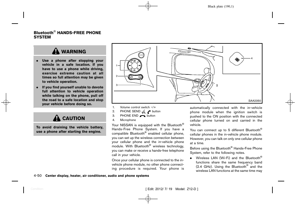 Bluetooth, Hands-free phone system -50, Warning | Caution | NISSAN 2013 Cube - Owner's Manual User Manual | Page 192 / 331