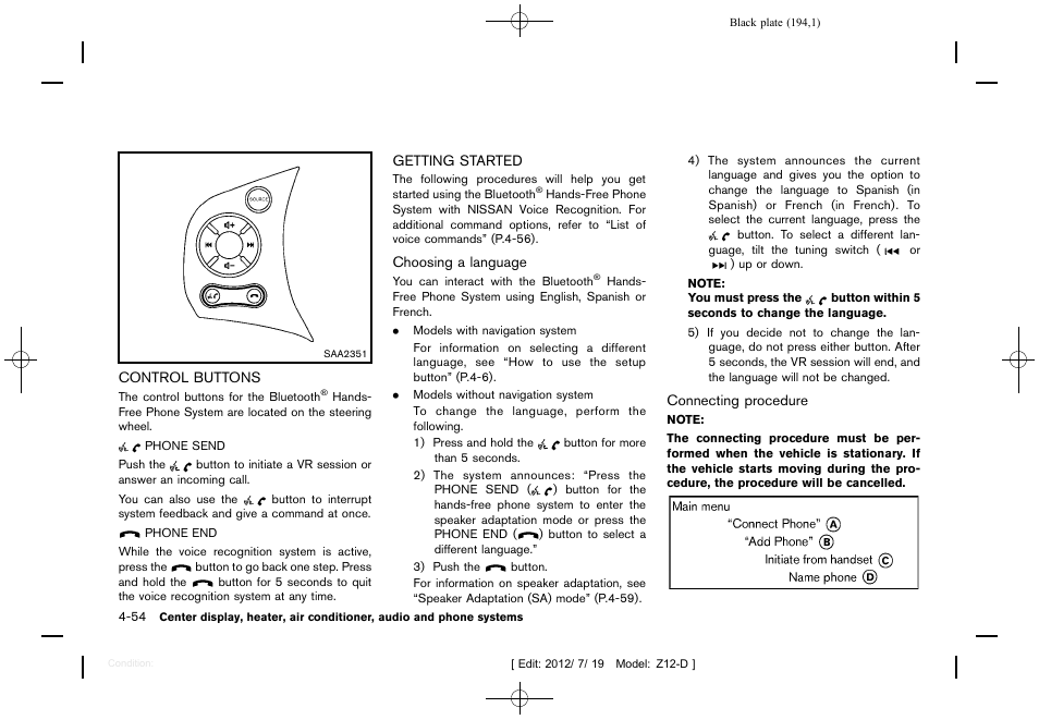 Control buttons -54 getting started -54 | NISSAN 2013 Cube - Owner's Manual User Manual | Page 196 / 331