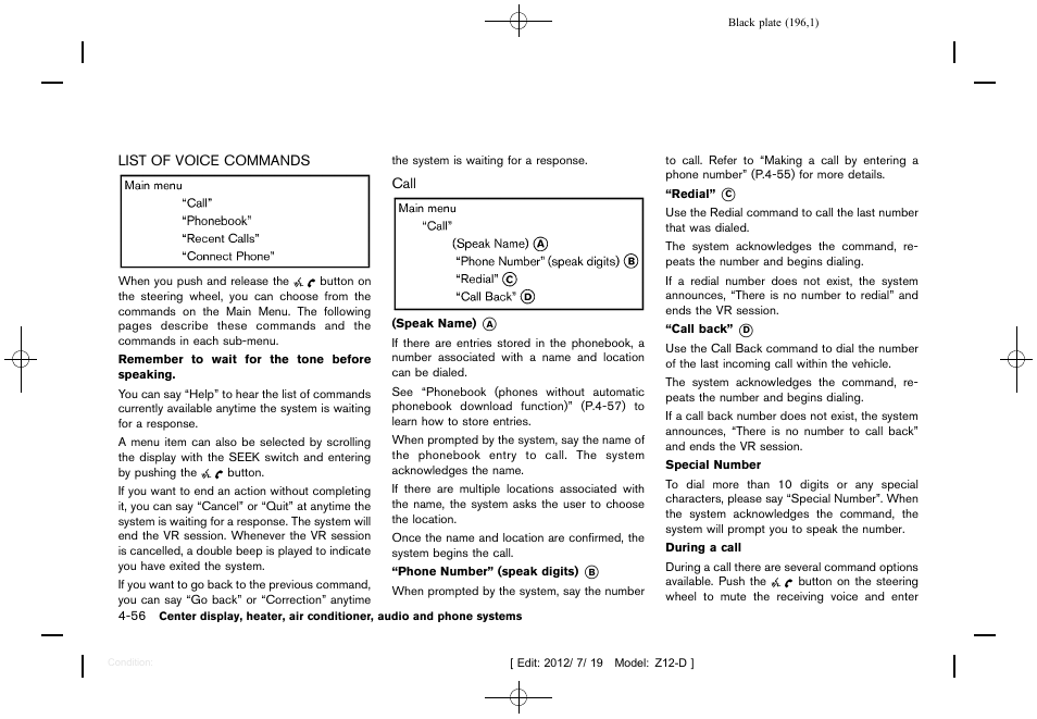 List of voice commands -56 | NISSAN 2013 Cube - Owner's Manual User Manual | Page 198 / 331