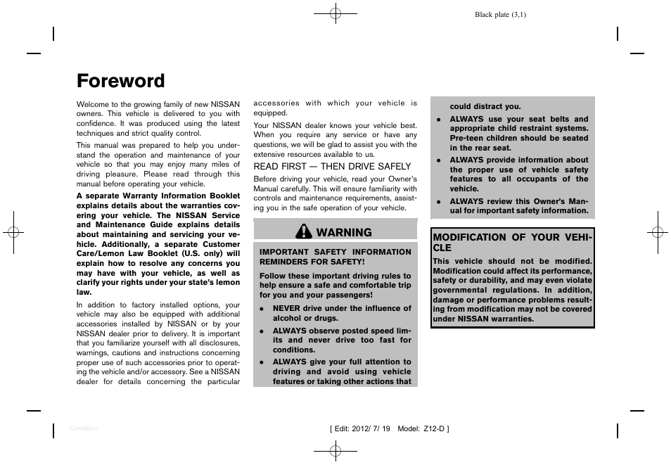 Foreword, Warning | NISSAN 2013 Cube - Owner's Manual User Manual | Page 2 / 331