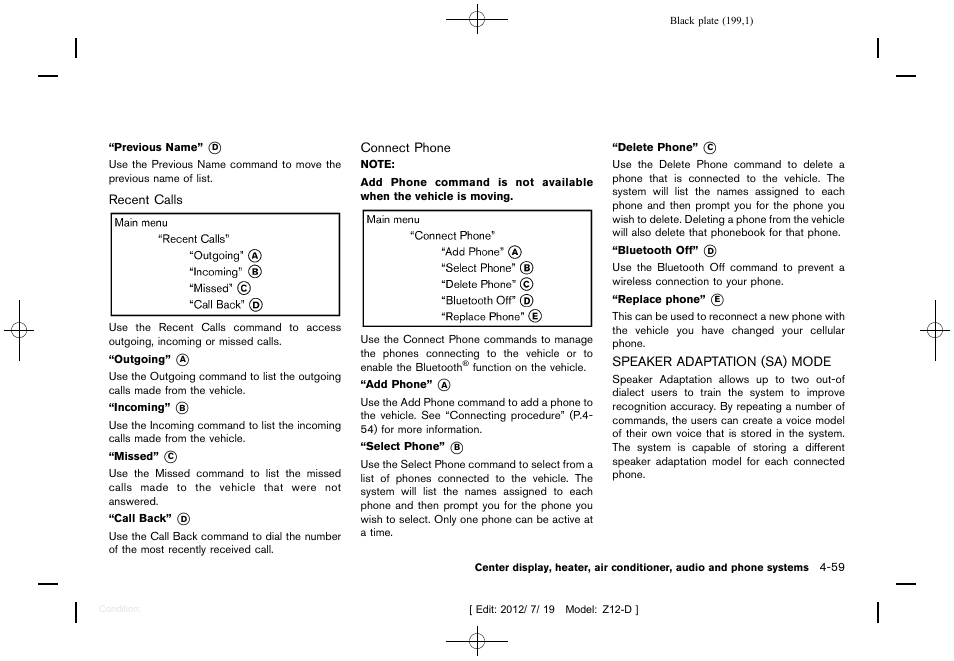 Speaker adaptation (sa) mode -59 | NISSAN 2013 Cube - Owner's Manual User Manual | Page 201 / 331