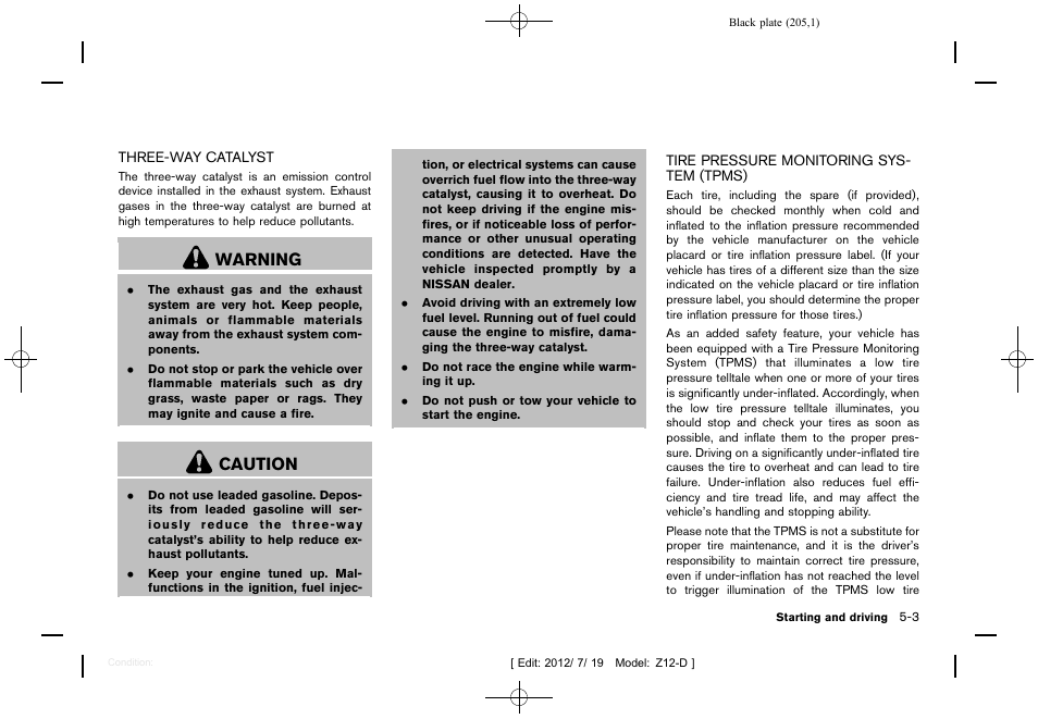 Warning, Caution | NISSAN 2013 Cube - Owner's Manual User Manual | Page 207 / 331