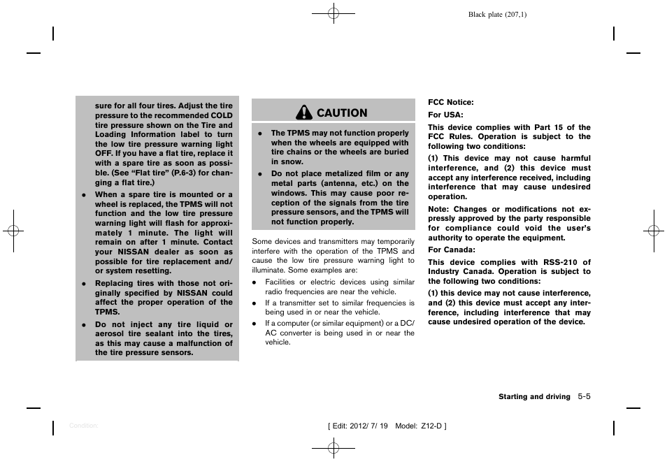 Caution | NISSAN 2013 Cube - Owner's Manual User Manual | Page 209 / 331