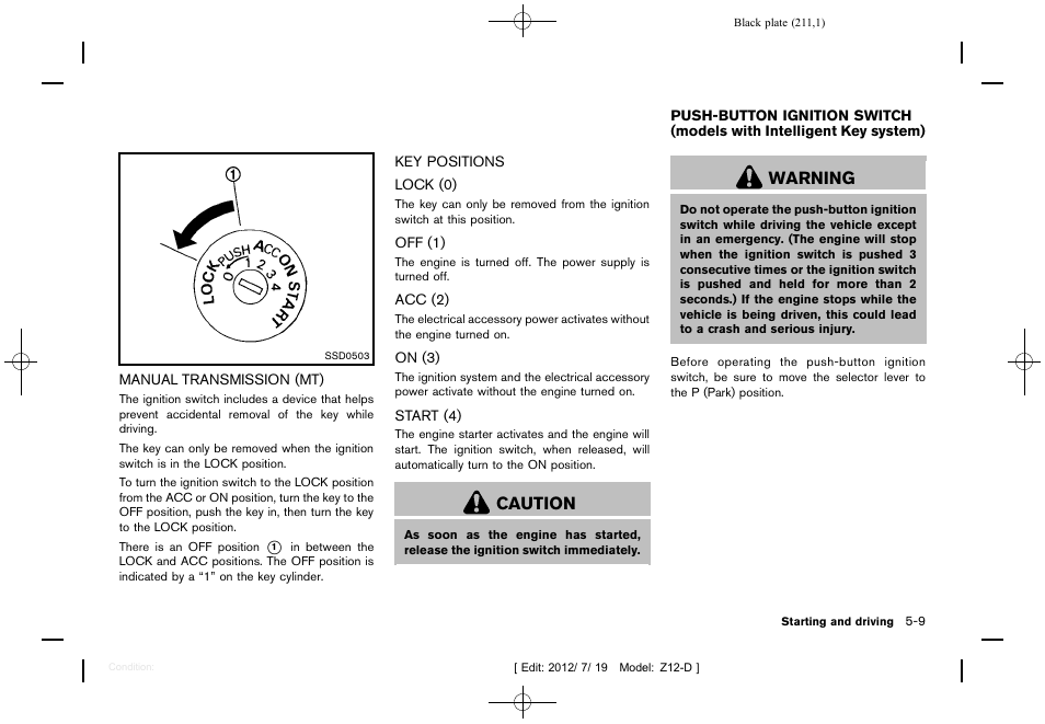 Manual transmission (mt) -9 key positions -9, Caution, Warning | NISSAN 2013 Cube - Owner's Manual User Manual | Page 213 / 331