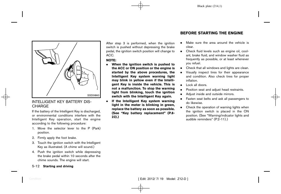 Intelligent key battery discharge -12, Before starting the engine -12 | NISSAN 2013 Cube - Owner's Manual User Manual | Page 216 / 331
