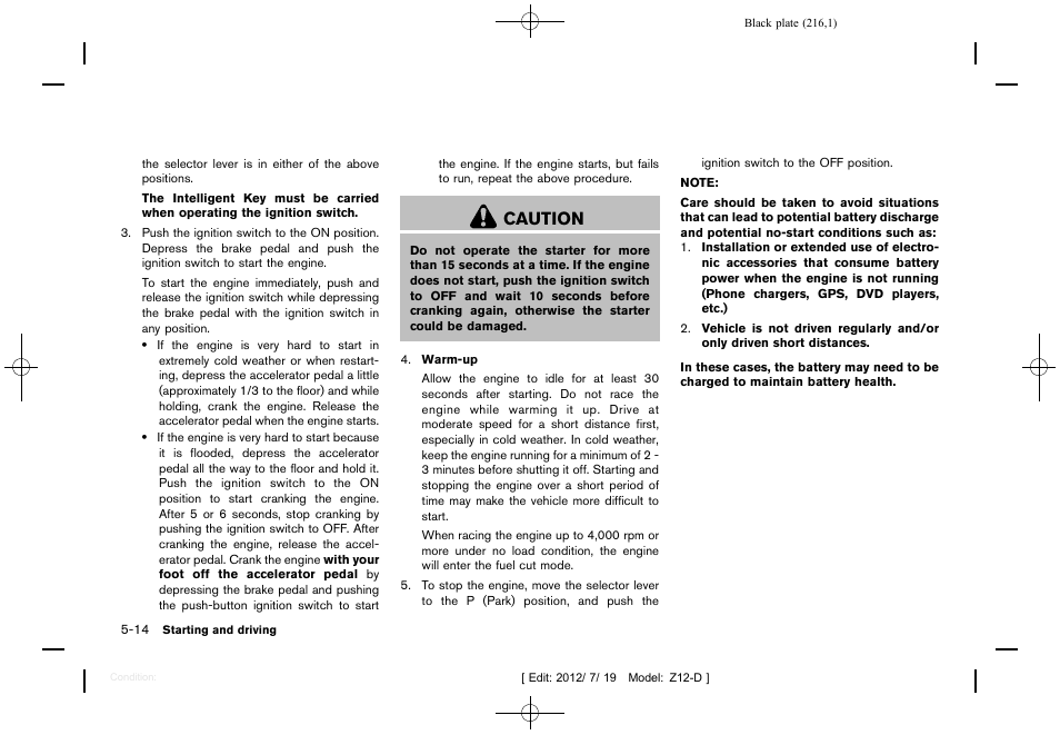 Caution | NISSAN 2013 Cube - Owner's Manual User Manual | Page 218 / 331