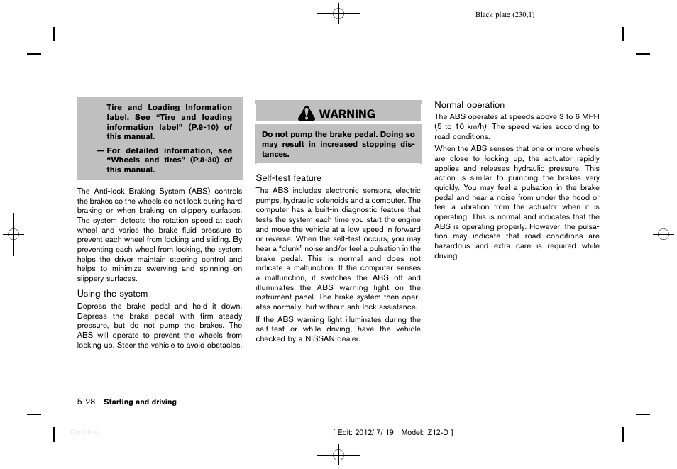 Warning | NISSAN 2013 Cube - Owner's Manual User Manual | Page 232 / 331