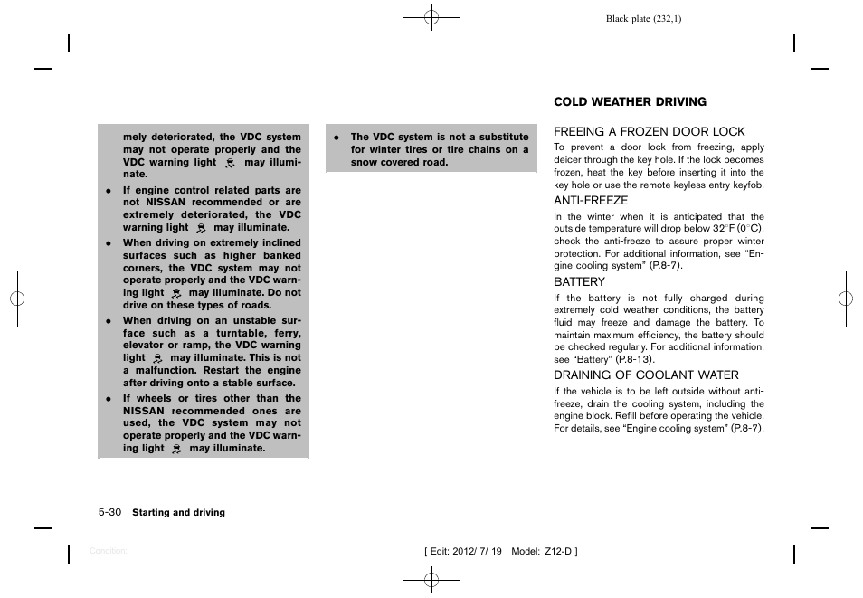 Cold weather driving -30 | NISSAN 2013 Cube - Owner's Manual User Manual | Page 234 / 331