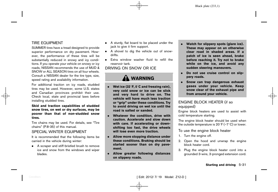 Warning | NISSAN 2013 Cube - Owner's Manual User Manual | Page 235 / 331