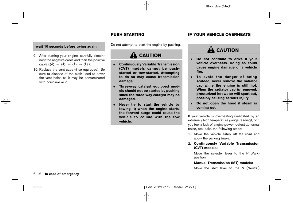 Push starting -12 if your vehicle overheats -12, Caution | NISSAN 2013 Cube - Owner's Manual User Manual | Page 248 / 331